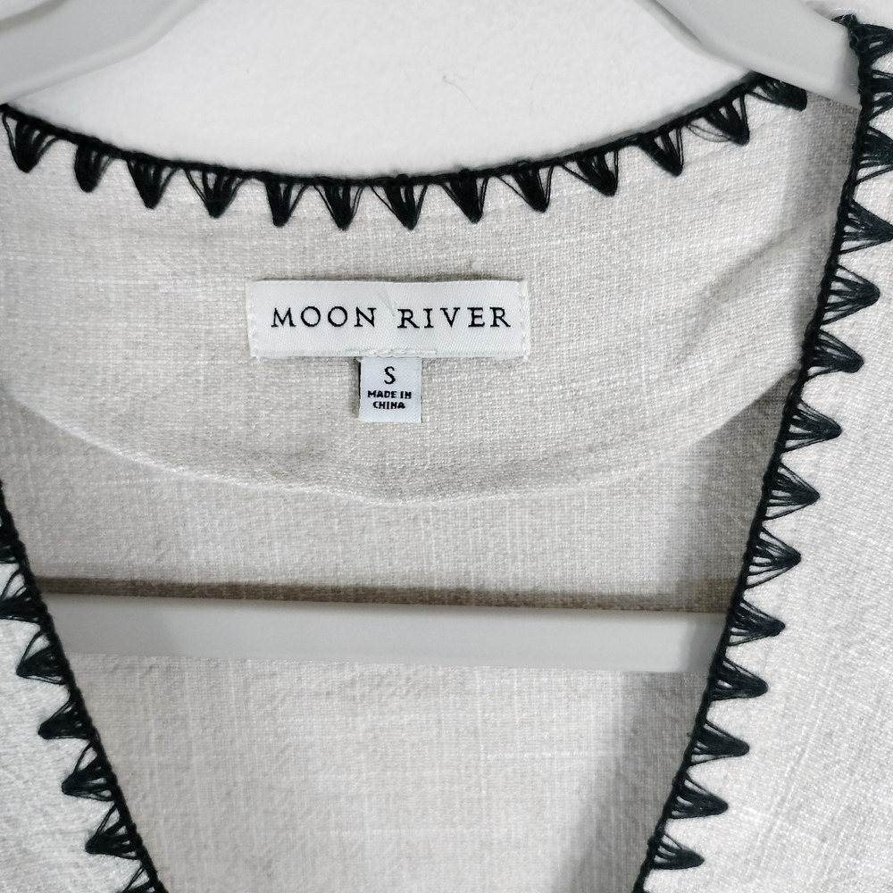 Moon River Beige Wrap Dress; Linen Blend, Embroidered, Ruffle Sleeve - Picture 9 of 9